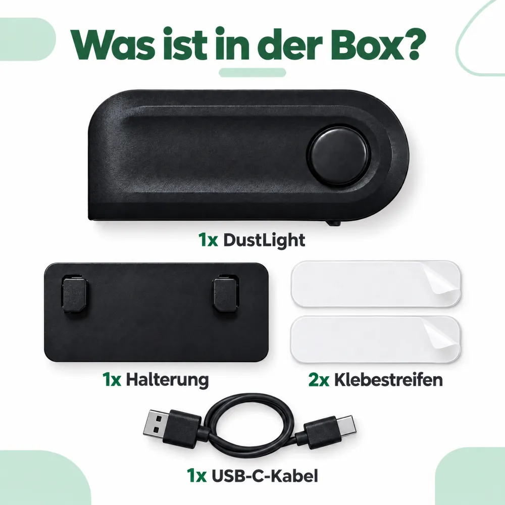 Lieferumfang: DustLight, Halterung, zwei Klebestreifen und ein USB-C-Kabel