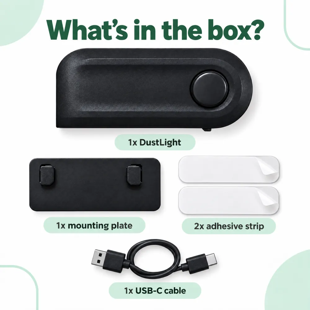 In the box: DustLight, mounting plate, two adhesive strips and a USB-C cable