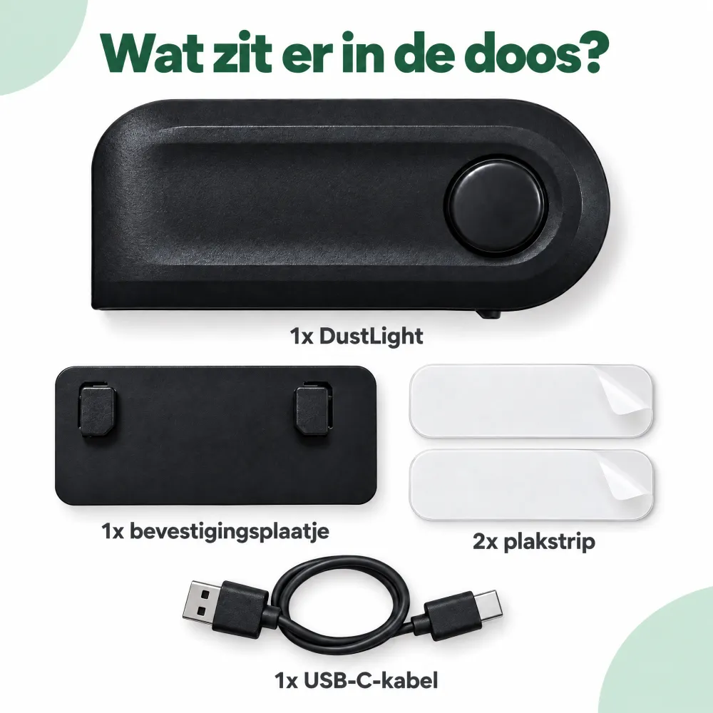 Inhoud van de doos: DustLight, bevestigingsplaatje, twee plakstrips en een USB-C-kabel
