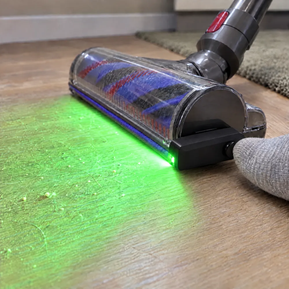 Voet tikt de knop van de DustLight aan
