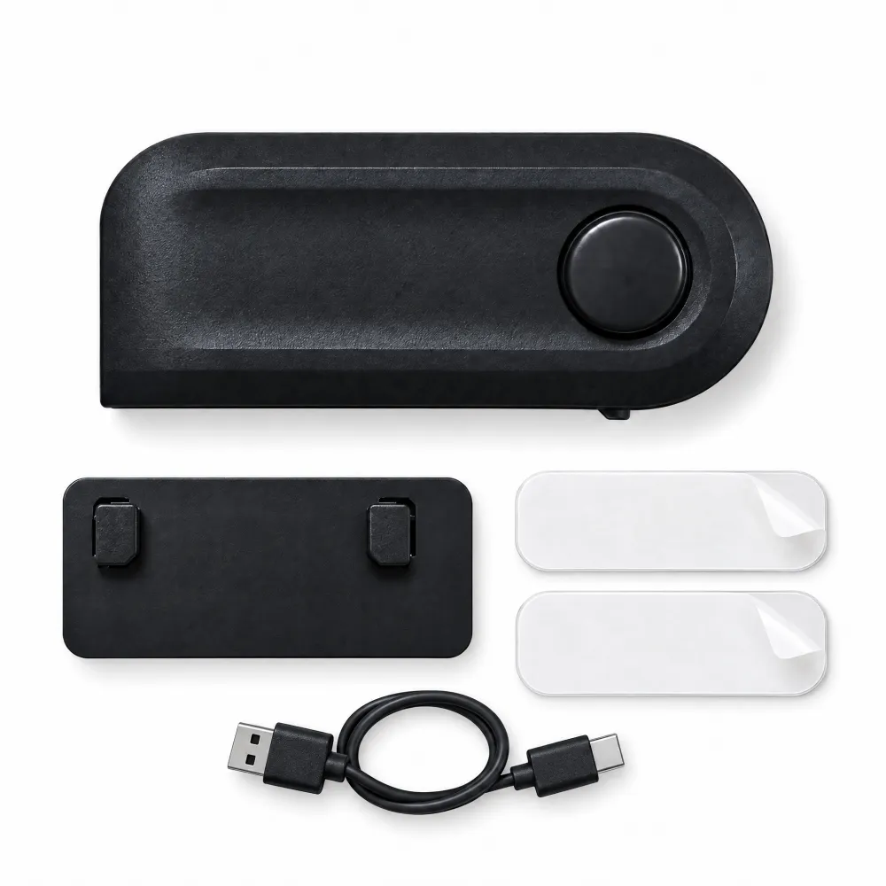 DustLight, bevestigingsplaatje, plakstrips en USB-C-kabel