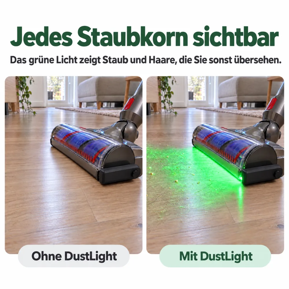 Derselbe Boden ohne und mit dem grünen Licht des DustLight