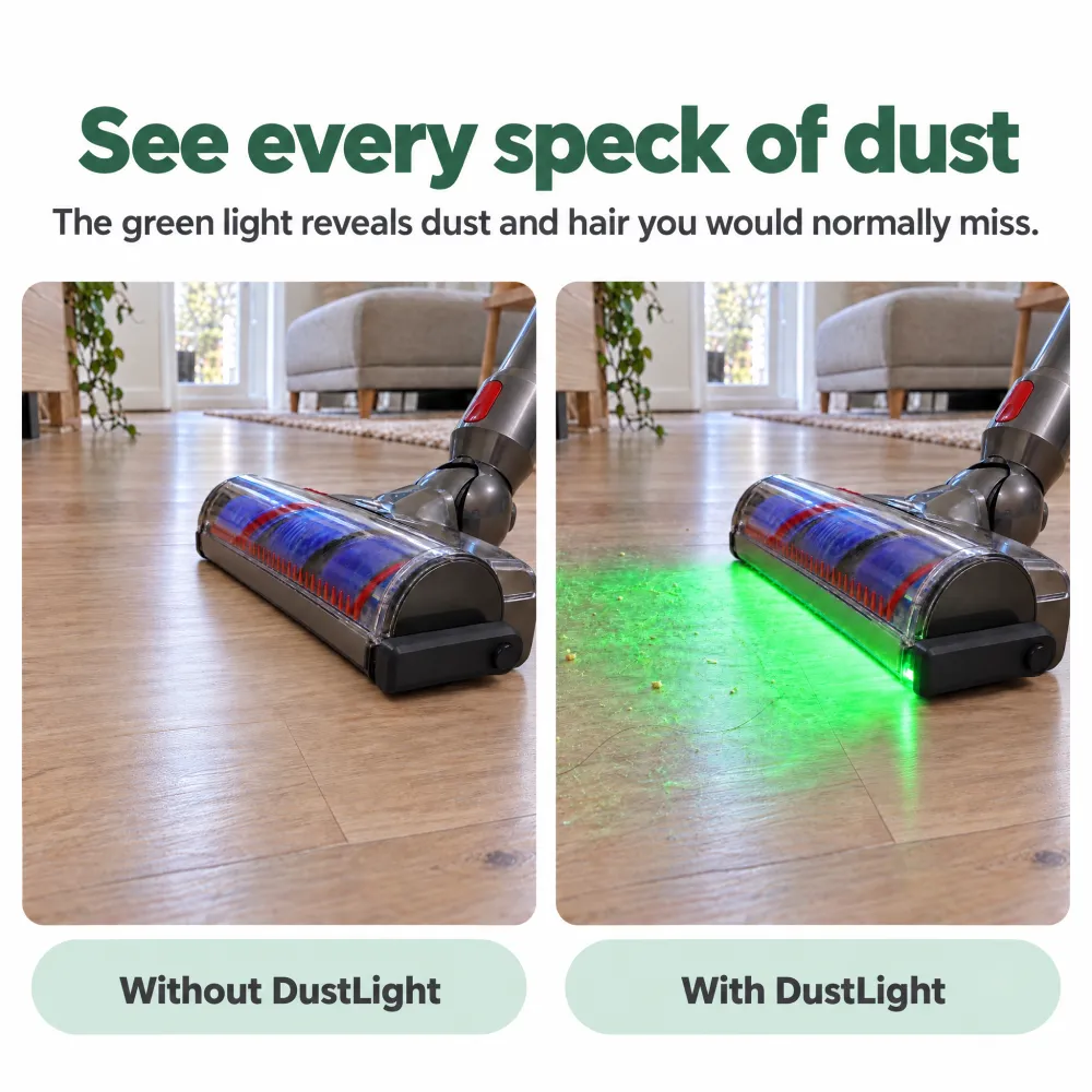 The same floor without and with the DustLight's green light