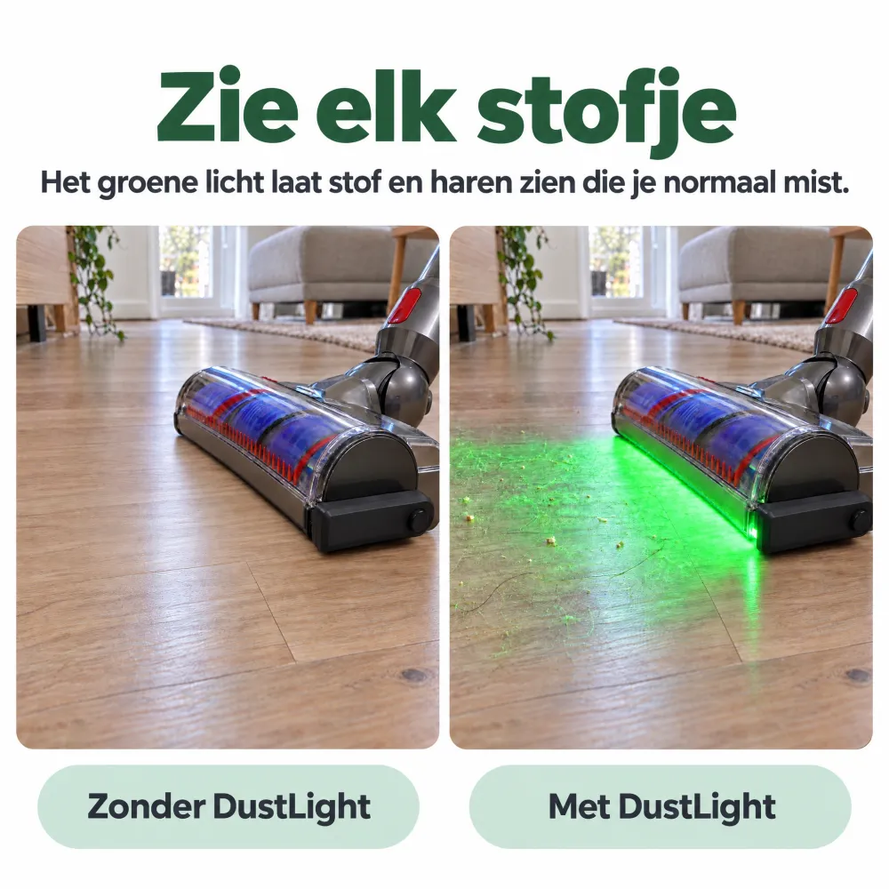 Dezelfde vloer zonder en met het groene licht van de DustLight